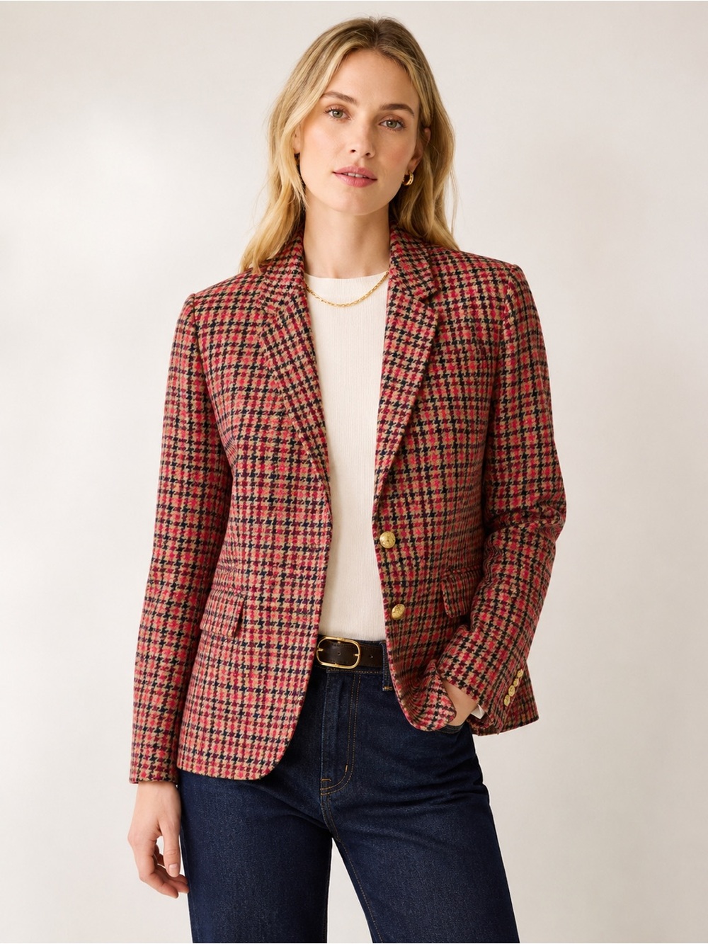 J.Crew | Wool Houndstooth Plaid Gold Button Blazer | Size 12